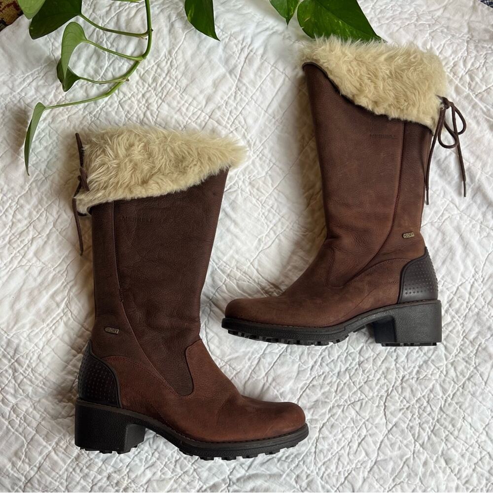 Merrell Tall Lined Brown Leather Faux Fur-Trimmed Boots